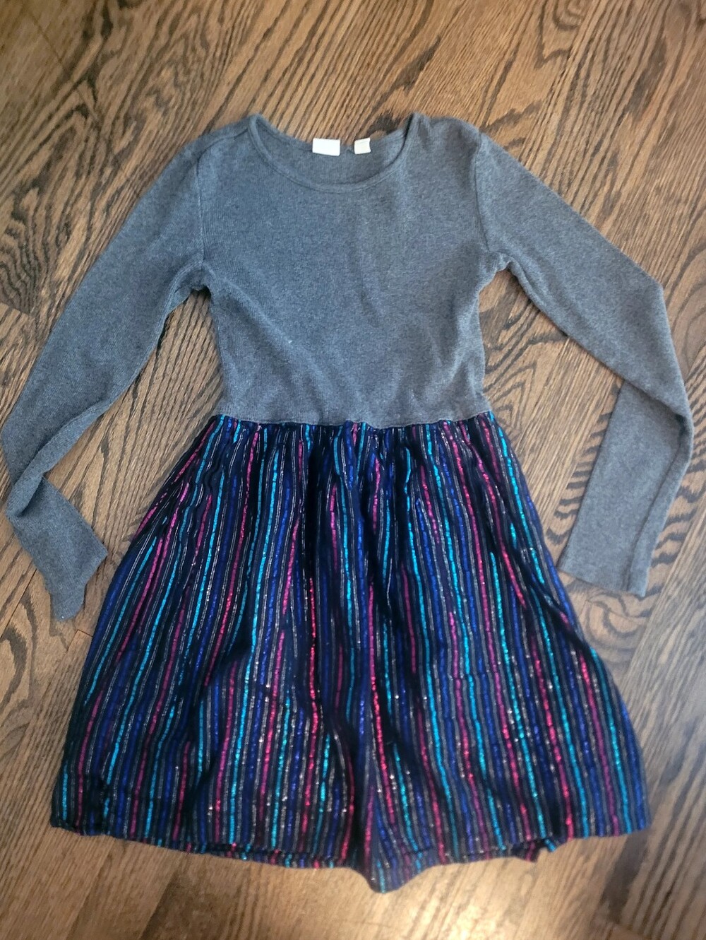 GAP Girls Size 10 Gray Knit Top Dress with Multicolor Striped Skirt
